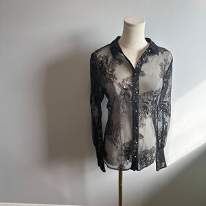 Per Una Women's Lace Button-Down collared shirt Black & Gold Floral, SZ 10